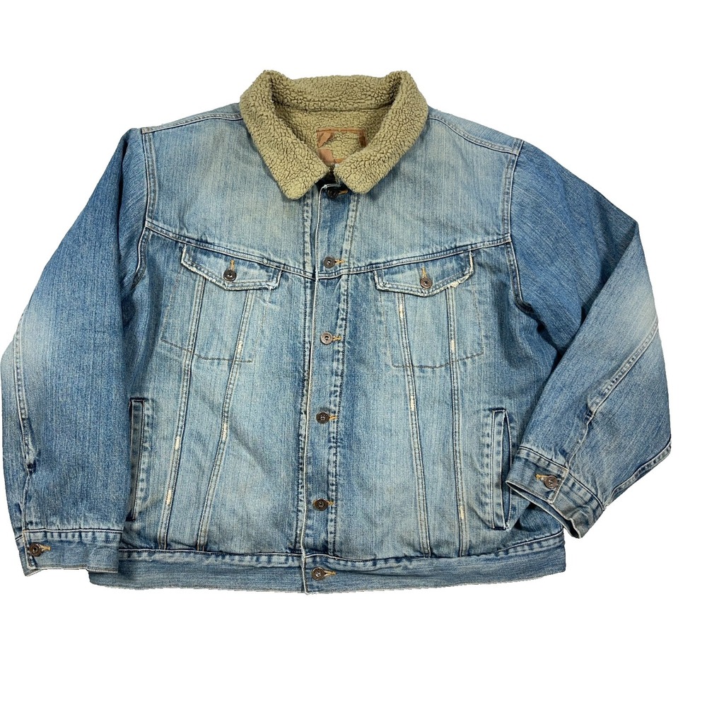 Old Navy Denim Jacket Men XXL 2XL Sherpa Lined Trucker Med Wash Faded Adult *